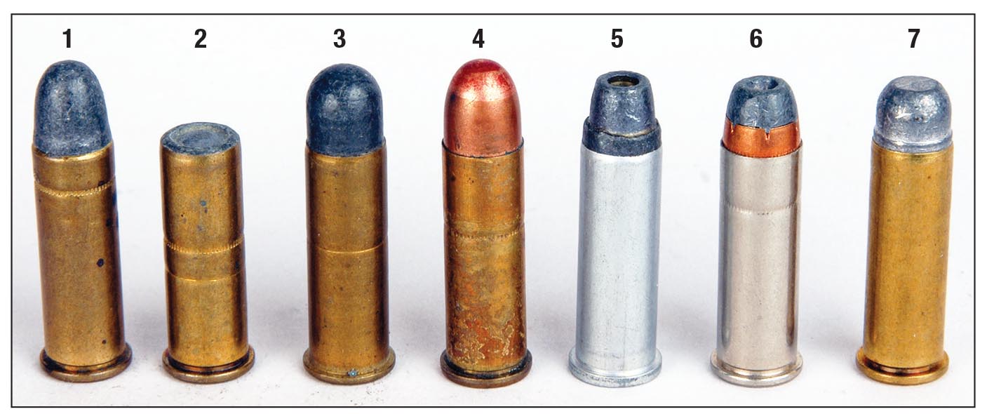 A few of the .38 Special factory loads offered over the past 120 years include a (1) 158-grain roundnose, (2) 148 wadcutter, (3) 200 roundnose, (4) 130 full metal jacket tracer, (5) 158 semiwadcutter hollowpoint, (6) 125 jacketed softpoint and a (7) 158-grain roundnose/flatpoint (cowboy).